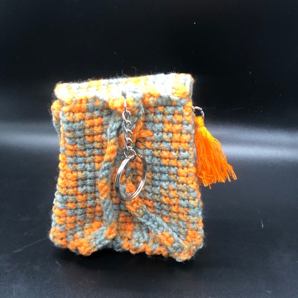 Handmade Crochet Mini Bag Keychain –Orange & Grey Key Ring w/Heart Button Tassel - Picture 10 of 11